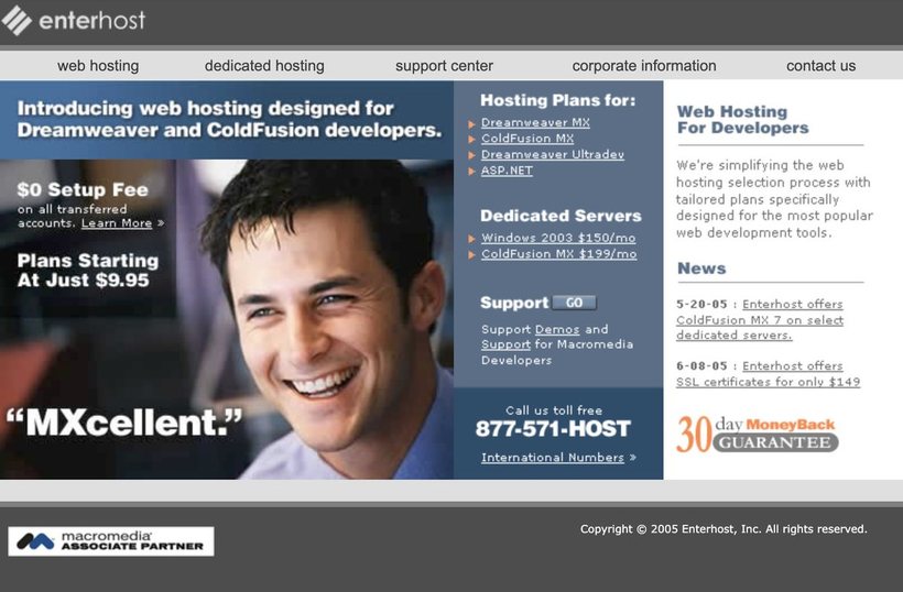 The 2005 Enterhost website, a developer-focused hosting homepage with plans for Dreamweaver, ColdFusion, and ASP.NET.