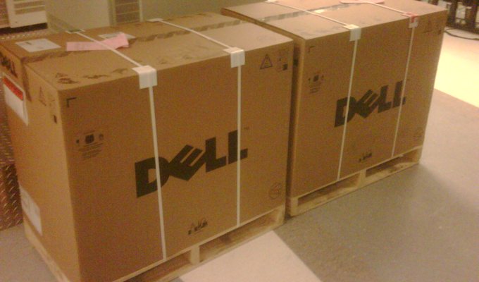 New Dell server hardware on pallets, delivered to the Enterhost data center.